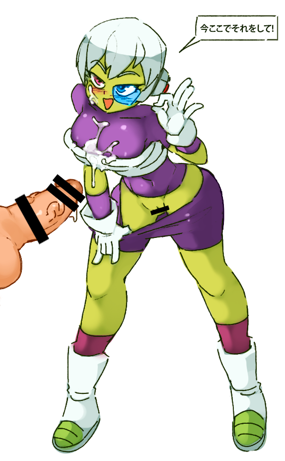 1boy 1girl armor bar_censor bike_shorts bodysuit boots breasts bukkake censored cheelai cum cum_on_body cum_on_breasts cum_on_upper_body dragon_ball dragon_ball_super gloves green_skin looking_at_viewer open_mouth penis purple_eyes pussy rtil scouter short_hair shorts shorts_pull simple_background smile solo_focus undressing white_background white_gloves white_hair