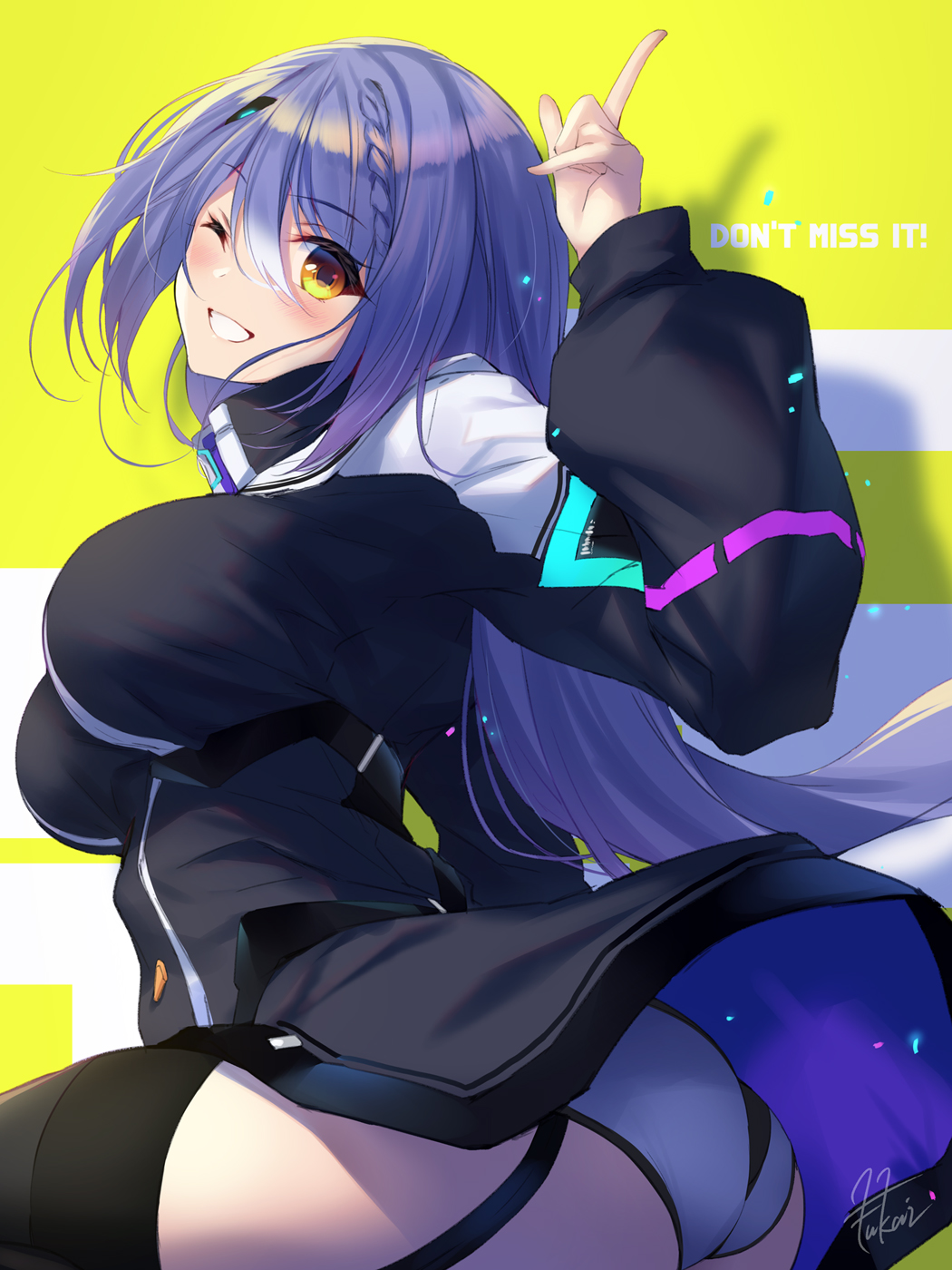 1girl ass bangs black_dress black_legwear blue_hair blush braid breasts commentary dress english_text etra from_side fukai_ryousuke garter_straps grin hand_up high_collar highres icetea large_breasts long_hair long_sleeves looking_at_viewer official_art one_eye_closed panties pantyshot pointing pointing_up shadow signature simple_background smile solo thighhighs thighs underwear very_long_hair virtual_youtuber white_panties yellow_eyes