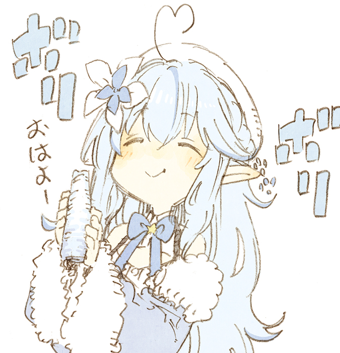 1girl abara_heiki ahoge blue_coat blue_neckwear blush chibi closed_eyes closed_mouth coat commentary eating eyebrows_visible_through_hair flower fur-trimmed_coat fur_trim hair_between_eyes hair_flower hair_ornament hat heart_ahoge holding hololive light_blue_hair long_hair neck_ribbon off_shoulder pointy_ears ribbon simple_background smile solo traditional_media upper_body virtual_youtuber white_background white_headwear yukihana_lamy