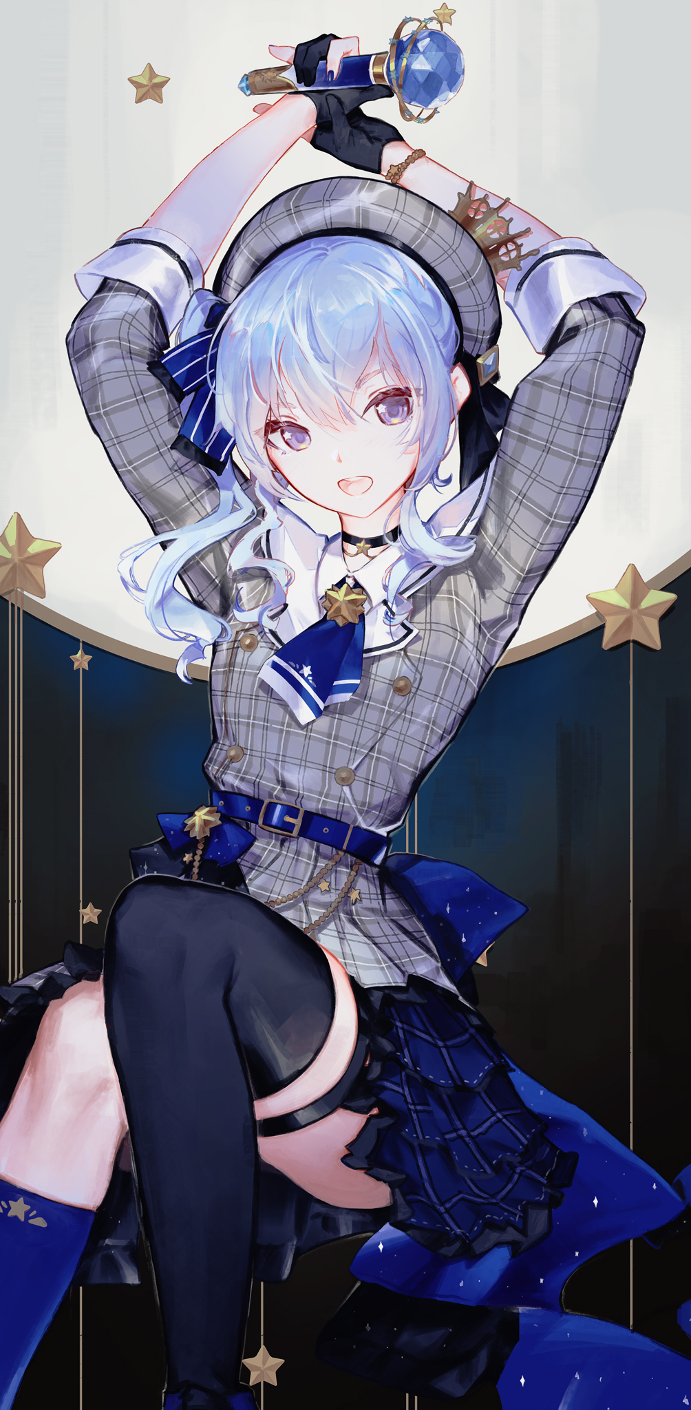 1girl bangs belt beret black_gloves blue_eyes blue_hair bracelet choker gloves hair_between_eyes hat highres holding holding_microphone hololive hoshimachi_suisei jewelry looking_at_viewer microphone open_mouth plaid_headwear plaid_jacket saimon_ma side_ponytail single_thighhigh solo star_(symbol) star_in_eye symbol_in_eye thighhighs virtual_youtuber