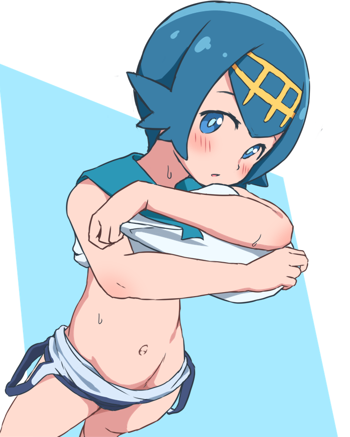 1girl blue_background blue_eyes blue_hair blush bubukka commentary_request looking_at_viewer navel pokemon pokemon_(game) pokemon_sm short_hair solo stomach suiren_(pokemon) sweat swimsuit two-tone_background white_background