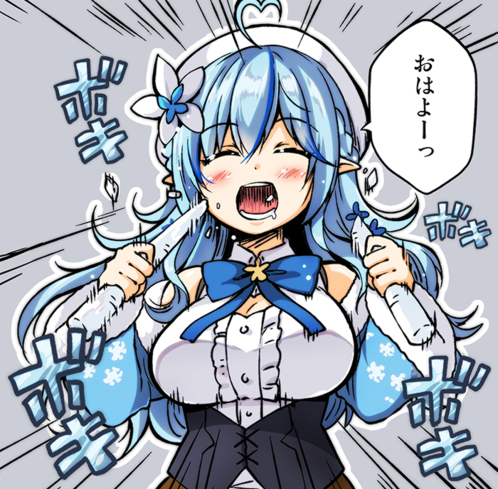 ahoge beret blue_hair blush breasts closed_eyes commentary_request eating grey_background hat hololive icicle large_breasts long_hair open_mouth pointy_ears ribbon simple_background utsurogi_angu virtual_youtuber yukihana_lamy