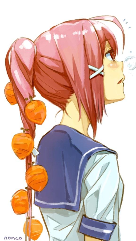 1girl ahoge blue_sailor_collar carrot carrot_hair_ornament food_themed_hair_ornament from_side hair_ornament hairclip i-168_(kantai_collection) kantai_collection nonco notice_lines parted_lips pink_hair ponytail red_eyes sailor_collar school_uniform serafuku shirt short_sleeves signature simple_background solo upper_body white_background white_shirt x_hair_ornament