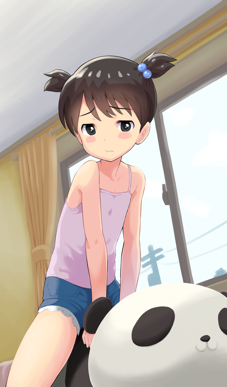 1girl black_eyes black_hair blue_shorts blush curtains day highres indoors looking_at_viewer original qm short_hair short_shorts short_twintails shorts sitting sleeveless thighs twintails window