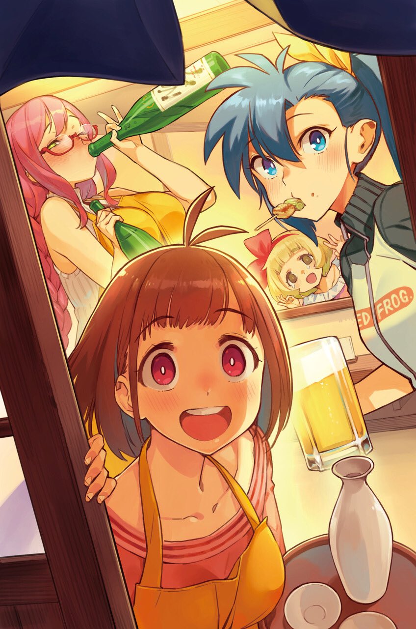 4girls :d alcohol antenna_hair beer beer_mug blonde_hair blue_eyes blue_hair blush bottle bow bow_hairband braid bright_pupils brown_eyes brown_hair cup drinking drunk eating fingernails food food_on_face from_outside glasses hair_bow hairband highres holding long_hair looking_at_viewer mouth_hold mug multiple_girls nonco one_eye_closed open_mouth original pink_hair ponytail red-framed_eyewear red_bow red_eyes red_hairband sakazuki sake_bottle semi-rimless_eyewear short_hair skewer smile tears tray under-rim_eyewear white_pupils