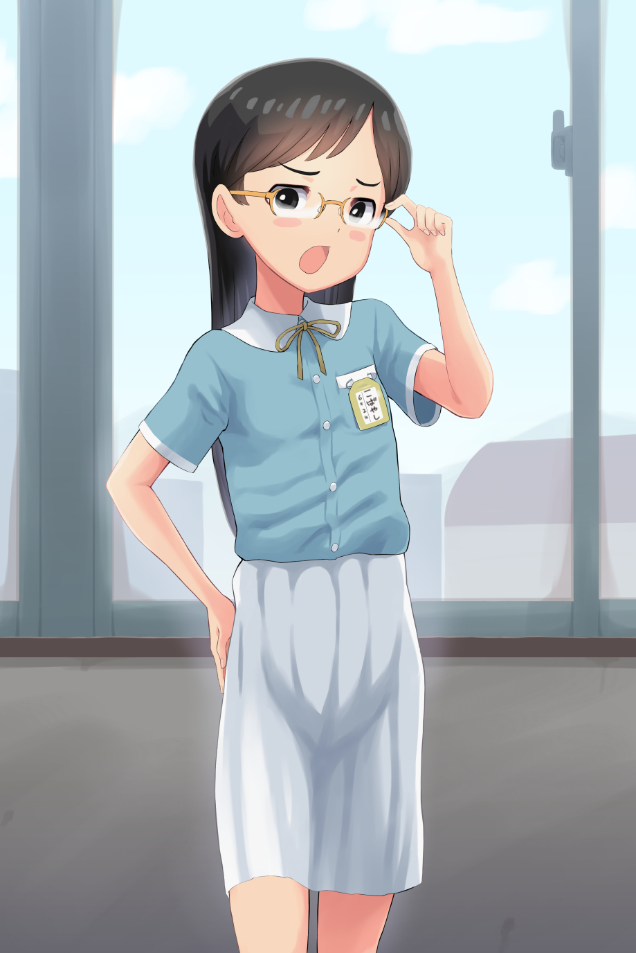 1girl adjusting_eyewear black_eyes black_hair blush day glasses hand_on_hip highres indoors long_hair looking_at_viewer name_tag original qm safety_pin short_sleeves skirt solo standing student white_skirt window