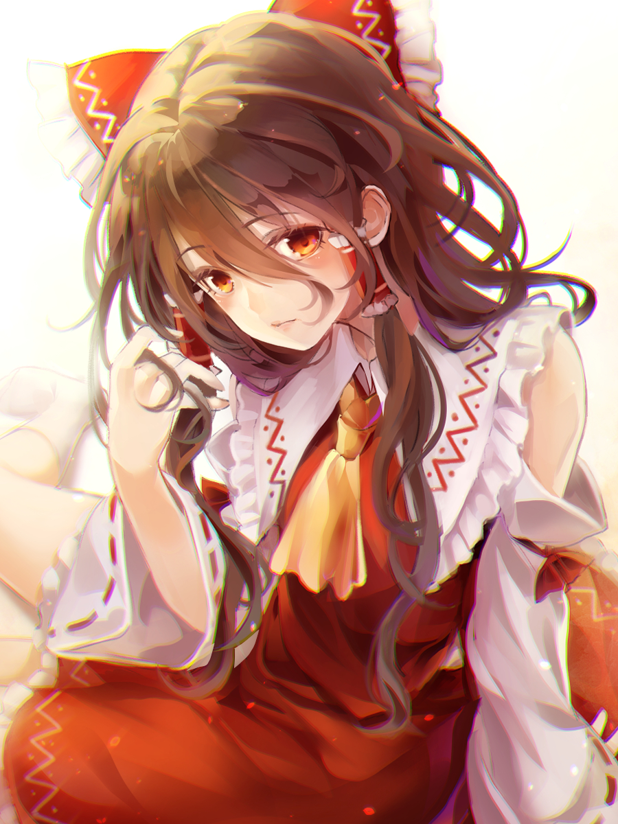 1girl ascot bow brown_hair commentary detached_sleeves hair_between_eyes hair_bow hair_tubes hakurei_reimu highres long_hair looking_at_viewer red_bow red_eyes solo touhou usotsuki_penta yellow_neckwear