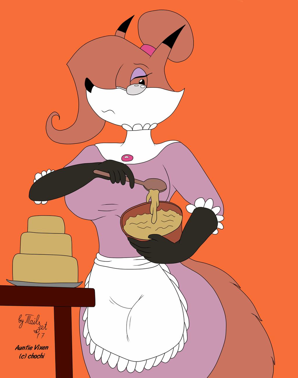 anthro apron auntie_vixen big_breasts breasts canid canine clothing dipstick_ears dipstick_tail eyewear female fox glasses hi_res mammal multicolored_ears multicolored_tail tails-zet tails_zet unknown_artist