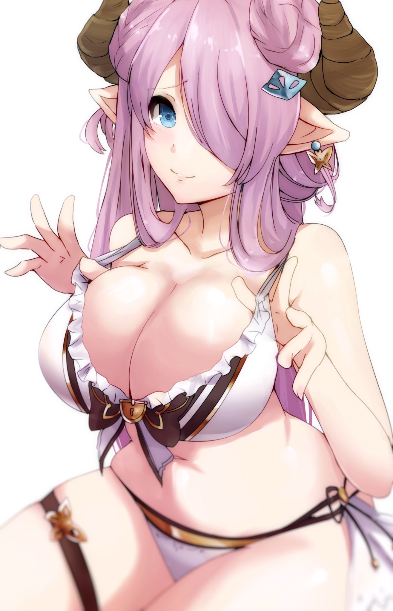 1girl bare_arms bikini blue_eyes blush bow bow_bikini breasts cleavage collarbone earrings frill_trim granblue_fantasy hair_ornament hair_over_one_eye highres horns jewelry large_breasts lavender_hair long_hair looking_at_viewer narmaya_(granblue_fantasy) navel pointy_ears ryuu. side-tie_bikini simple_background sitting skindentation sleeveless smile solo strap_pull swimsuit thigh_strap white_background white_bikini