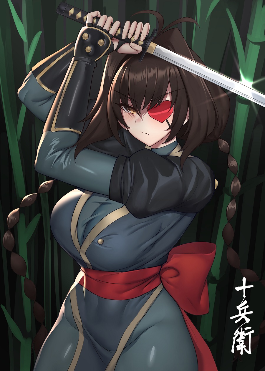 1girl ahoge arm_guards arms_up bamboo bamboo_forest bandages bangs black_gloves bodysuit braid breasts brown_hair cleavage closed_mouth covered_nipples curvy eyebrows_visible_through_hair eyepatch fighting_stance fingerless_gloves forest gloves grey_bodysuit hair_between_eyes hair_intakes heart heart_eyepatch highres holding holding_sword holding_weapon jubei-chan k_jin large_breasts long_hair nanohana_jiyuu nature ninja pelvic_curtain sash sword thick_thighs thighs translation_request twin_braids weapon yellow_eyes