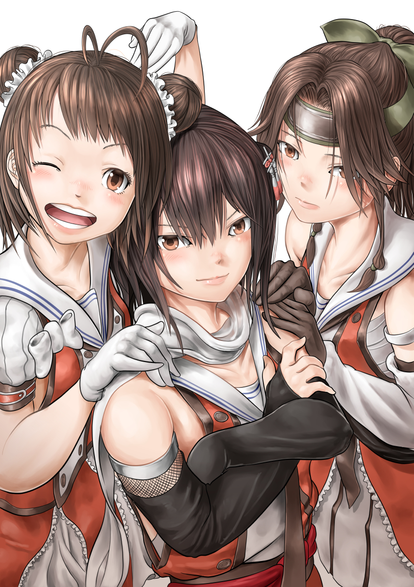 3girls antenna_hair black_gloves bow brown_eyes brown_hair double-breasted double_bun elbow_gloves fingerless_gloves forehead_protector gloves green_bow hachimaki hair_bow hair_intakes half_updo headband highres jintsuu_(kantai_collection) kantai_collection long_hair multiple_girls naka_(kantai_collection) pachimon remodel_(kantai_collection) scarf school_uniform sendai_(kantai_collection) serafuku simple_background two_side_up white_background white_scarf
