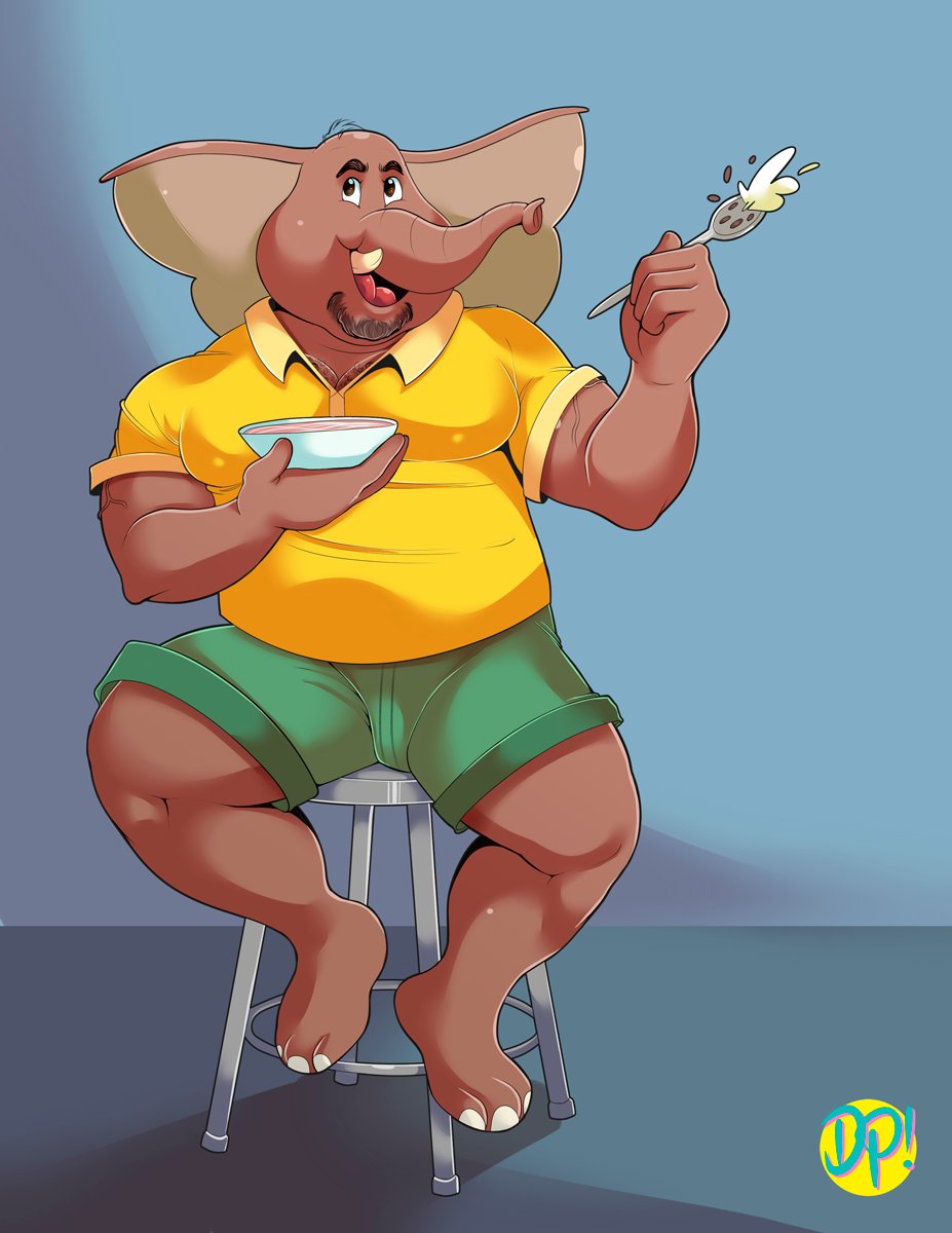 2020 anthro belly cereal chair clothing dirty-palms elephant elephantid food furniture hi_res kellogg's male mammal melvin_the_elephant overweight overweight_anthro overweight_male proboscidean shirt sitting solo topwear
