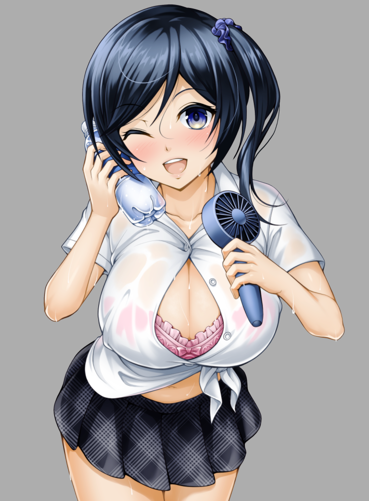 1girl black_hair blue_eyes blush bottle bra_through_clothes bralines breasts cleavage collarbone cowboy_shot electric_fan eyebrows_visible_through_hair grey_background large_breasts looking_at_viewer open_mouth original pleated_skirt see-through shirt short_hair side_ponytail skirt solo torigoe_takumi water_bottle wet wet_clothes wet_shirt
