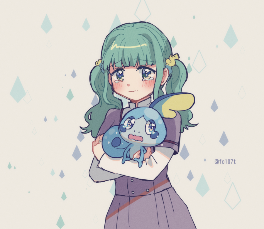 1girl argyle argyle_background bangs beige_background blunt_bangs blush closed_eyes commentary_request crossover crying crying_with_eyes_open curly_hair dot_nose eyebrows_visible_through_hair furrowed_eyebrows futaba_sana gen_8_pokemon green_eyes green_hair high_collar holding holding_pokemon jewelry long_sleeves looking_at_viewer looking_to_the_side magia_record:_mahou_shoujo_madoka_magica_gaiden mahou_shoujo_madoka_magica mizuna_girls'_academy_uniform open_mouth pokemon pokemon_(creature) ring sad school_uniform shaded_face sidelocks simple_background sobble solo standing starter_pokemon streaming_tears tareme tears totte trait_connection twintails twitter_username uniform upper_body wavy_mouth