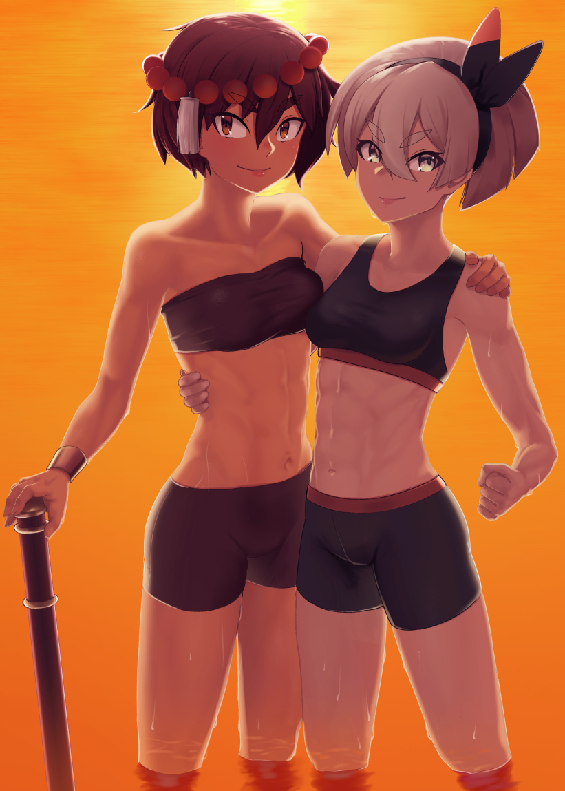 2girls abs ajna_(indivisible) arm_around_shoulder bangs bare_arms beads bike_shorts black_hairband bracer breasts brown_hair clenched_hand closed_mouth commentary_request eyebrows_visible_through_hair grey_hair hair_between_eyes hair_ornament hairband hand_on_another's_waist indivisible multiple_girls navel pokemon pokemon_(game) pokemon_swsh putchers saitou_(pokemon) short_hair smile twilight wading water wet