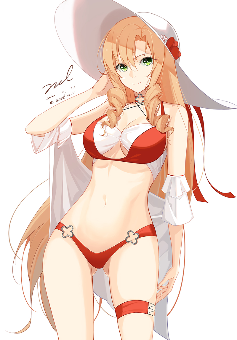 1girl ass_visible_through_thighs bare_shoulders bikini blonde_hair breasts choker cleavage drill_hair fn-49_(girls_frontline) girls_frontline green_eyes hand_up hat long_hair looking_at_viewer medium_breasts navel off_shoulder red_bikini signature simple_background solo stomach sun_hat swimsuit thigh_strap thighs twin_drills unel very_long_hair white_background white_headwear