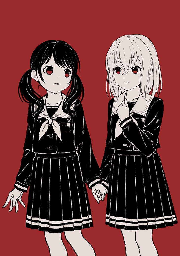 2girls bang_dream! bangs closed_mouth eye_contact eyebrows_visible_through_hair futaba_tsukushi hair_between_eyes hand_up holding_hands kurata_mashiro long_hair long_sleeves looking_at_another monochrome multiple_girls neckerchief parted_lips pleated_skirt red_background red_eyes saiko_dagashi sailor_collar school_uniform serafuku shirt simple_background skirt smile standing twintails