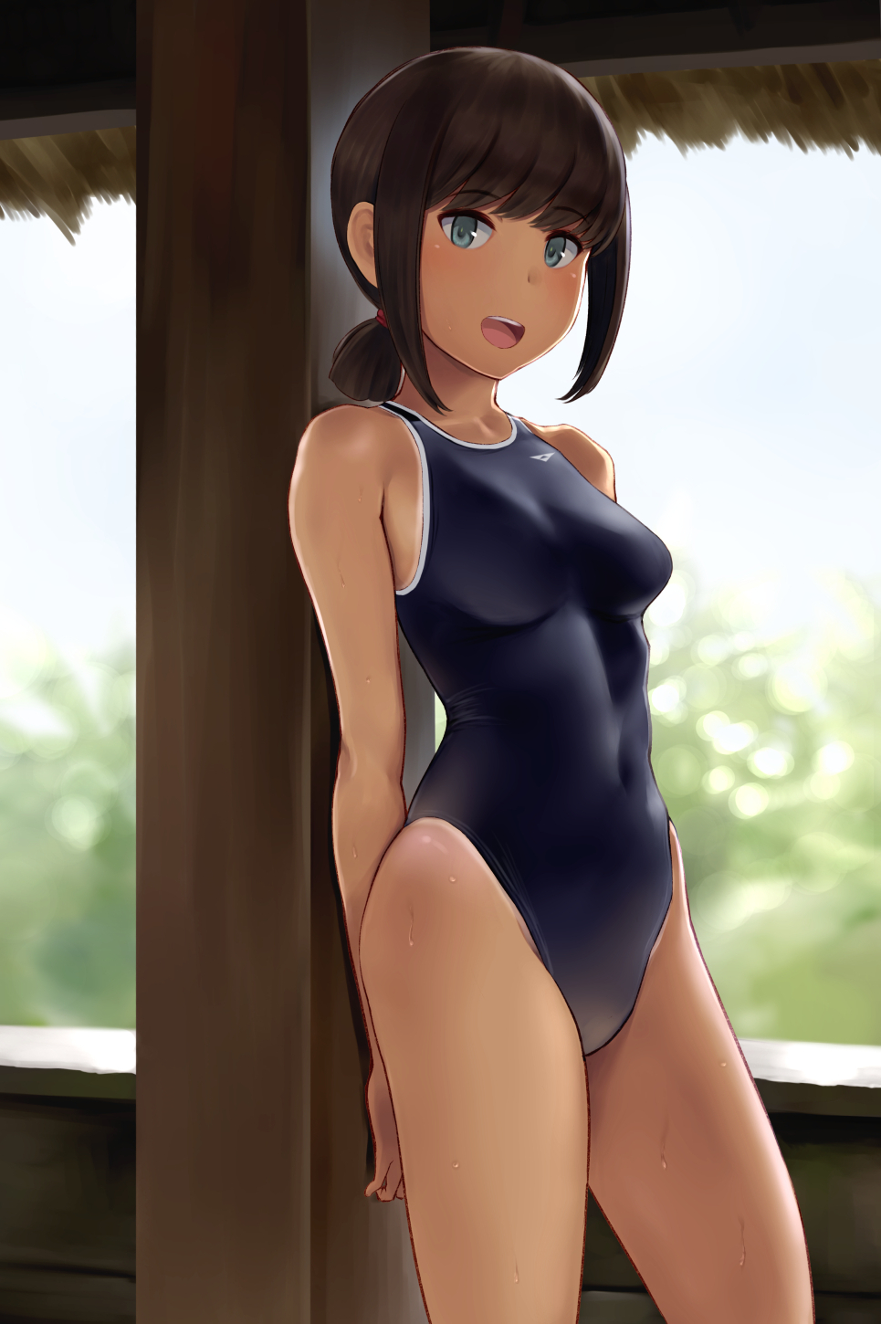 1girl alternate_costume arms_behind_back bangs bare_arms bare_shoulders blush breasts brown_hair collarbone competition_swimsuit covered_navel cowboy_shot eyebrows_visible_through_hair fubuki_(kantai_collection) grey_eyes groin highleg highleg_swimsuit highres kantai_collection looking_at_viewer medium_breasts one-piece_swimsuit one-piece_tan open_mouth ponytail short_hair smile solo sweat swimsuit tan tanline wa_(genryusui)