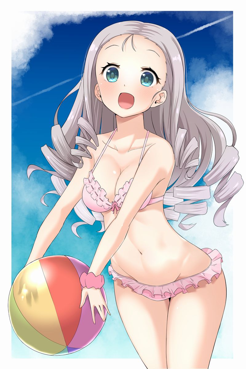 1girl :d ball beachball bikini blonde_hair blue_sky bow bow_bikini breasts cleavage cloud cloudy_sky commentary condensation_trail cowboy_shot day drill_hair frilled_bikini frills girls_und_panzer green_eyes groin highres holding holding_ball leaning_forward long_hair looking_at_viewer lowleg lowleg_bikini marie_(girls_und_panzer) medium_breasts nana_(manaita_koumuten) navel open_mouth outdoors outside_border pink_bikini pink_scrunchie scrunchie sky smile solo standing swimsuit wrist_scrunchie