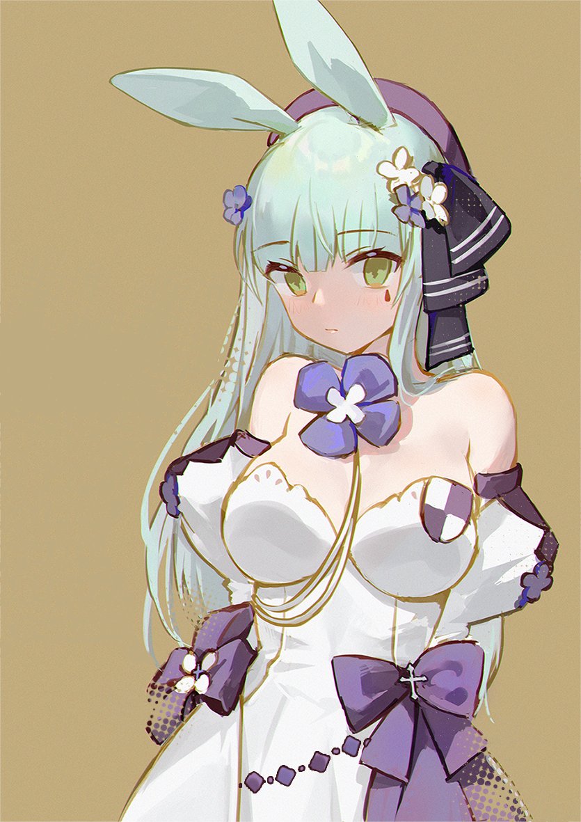 1girl alternate_costume animal_ears arms_behind_back bare_shoulders bow breasts bunny_ears detached_sleeves dress expressionless facial_mark girls_frontline green_eyes hair_ornament hat hk416_(girls_frontline) juliet_sleeves large_breasts long_hair long_sleeves looking_at_viewer puffy_sleeves ribbon simple_background smile_(mm-l) solo teardrop white_dress