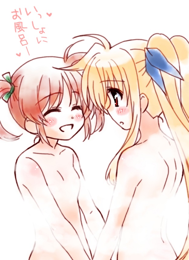 2girls blonde_hair blue_ribbon commentary_request convenient_censoring couple fate_testarossa green_ribbon hair_ribbon happy holding_hands kohaku_(kohagura) long_hair looking_at_another lyrical_nanoha mahou_shoujo_lyrical_nanoha mahou_shoujo_lyrical_nanoha_a's mahou_shoujo_lyrical_nanoha_innocent medium_hair multiple_girls nude orange_hair red_eyes ribbon short_twintails simple_background smile steam steam_censor takamachi_nanoha twintails very_long_hair white_background yuri