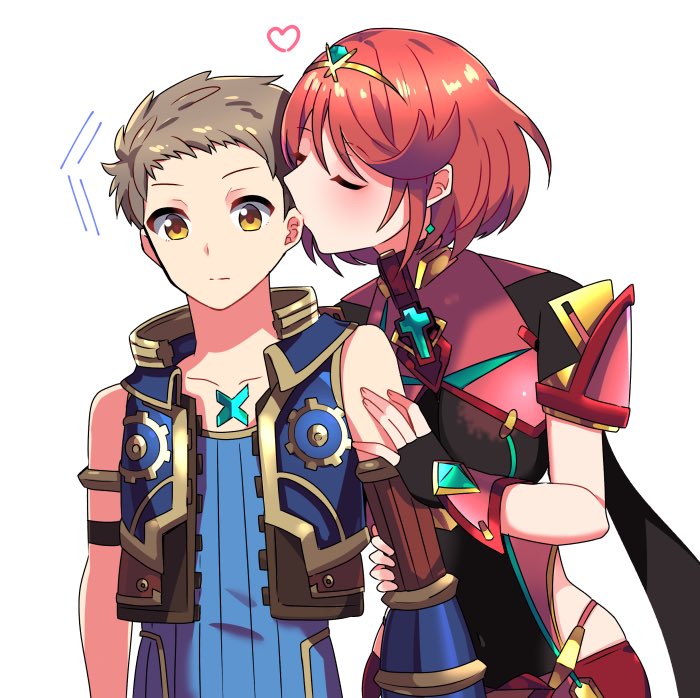 138sima 1girl bangs blush breasts chest_jewel covered_navel earrings fingerless_gloves gem gloves hair_ornament homura_(xenoblade_2) jewelry red_eyes red_hair red_shorts rex_(xenoblade_2) shorts swept_bangs tiara xenoblade_(series) xenoblade_2