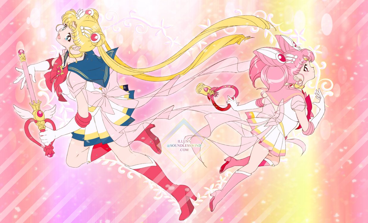 2girls :d artist_name back_bow bishoujo_senshi_sailor_moon blonde_hair blue_eyes blue_sailor_collar boots bow bowtie brooch chibi_usa choker circlet commentary crystal_carillon double_bun earrings elbow_gloves from_side full_body gloves hair_ornament holding holding_wand jewelry kaze-hime knee_boots long_hair looking_at_viewer magical_girl multiple_girls open_mouth pink_footwear pink_hair pink_sailor_collar pleated_skirt profile red_bow red_eyes red_footwear red_neckwear sailor_chibi_moon sailor_collar sailor_moon skirt smile super_sailor_chibi_moon super_sailor_moon tsukino_usagi twintails very_long_hair wand white_gloves yellow_choker