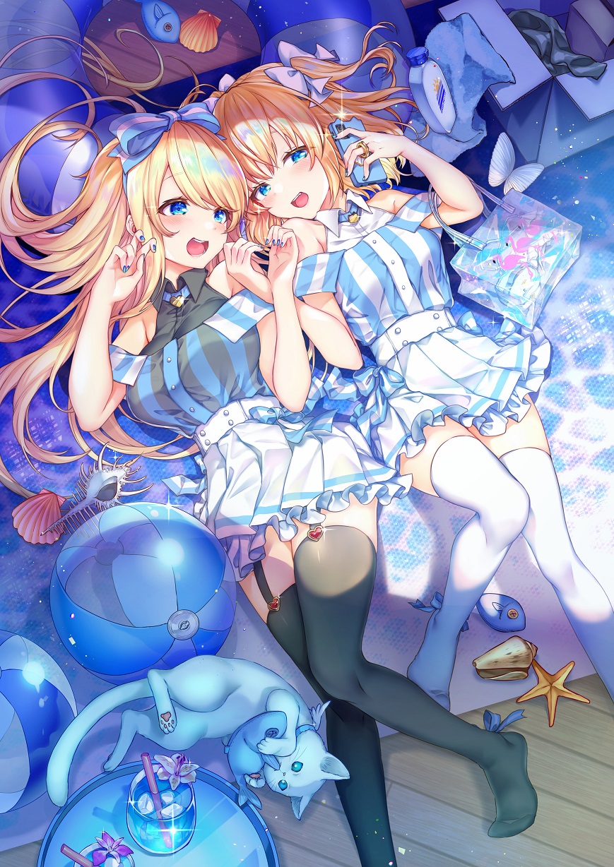 2girls bag ball bangs bare_shoulders beachball black_legwear blonde_hair blue_choker blue_eyes blue_nails blush bow box breasts cardboard_box carton cat choker collared_shirt commentary_request dress drinking_straw emori_el emori_miku_project emu_alice fish foot_out_of_frame frilled_skirt frills from_above garter_straps glass hair_bow hair_ribbon highres holding holding_phone jewelry large_breasts long_hair looking_at_viewer lying medium_breasts multiple_girls nail_polish no_shoes on_back open_mouth phone pleated_skirt ribbon ring shell shirt skirt striped striped_shirt teeth teltelhousi thighhighs white_bag white_bow white_legwear white_skirt zettai_ryouiki