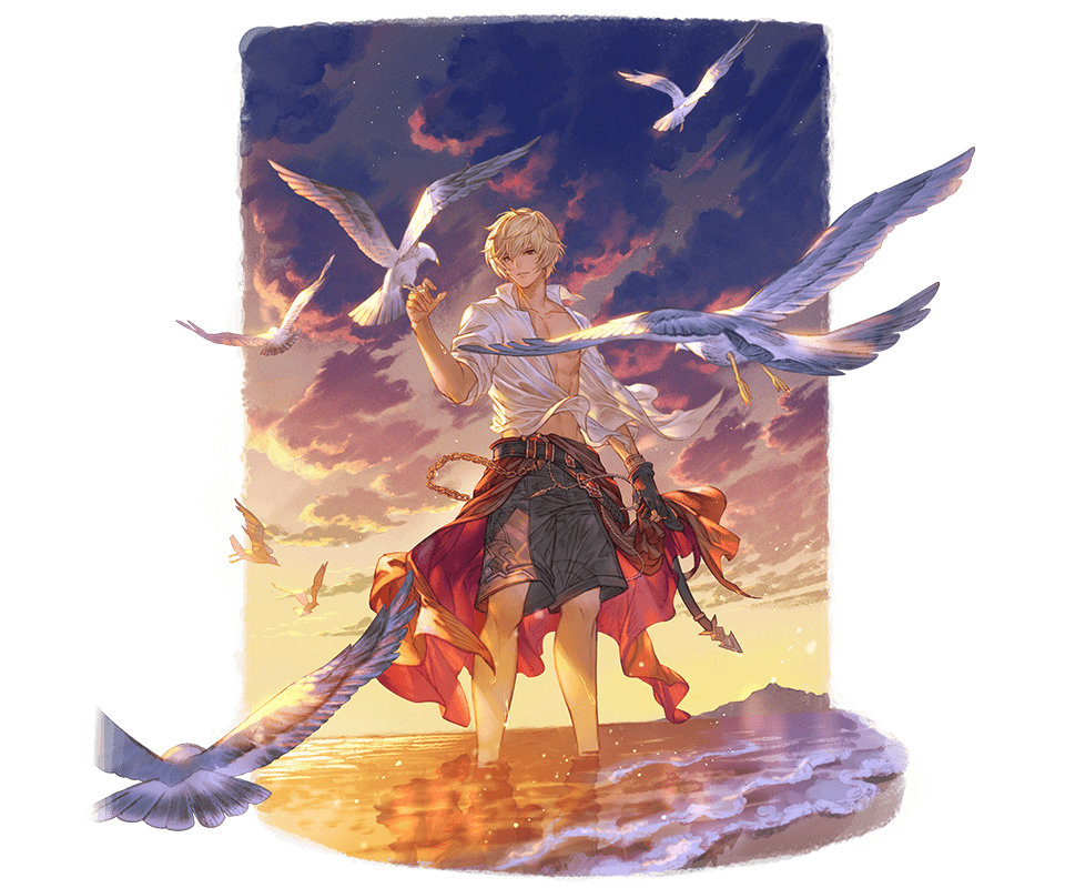 1boy abs albert_(shingeki_no_bahamut) animal_on_arm bird bird_on_arm blonde_hair cloud cloudy_sky granblue_fantasy happy jacket muscle official_art open_clothes open_jacket open_shirt seagull shore sky smile summer sunset toned toned_male