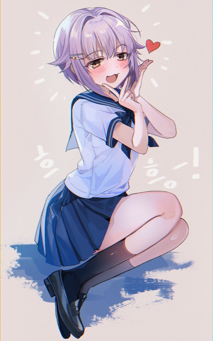 1girl :d bangs blush brown_eyes chocho_(homelessfox) eyebrows_visible_through_hair hair_ornament hairclip heart idolmaster idolmaster_cinderella_girls koshimizu_sachiko looking_at_viewer open_mouth purple_hair school_uniform short_hair sidelocks skirt smile solo