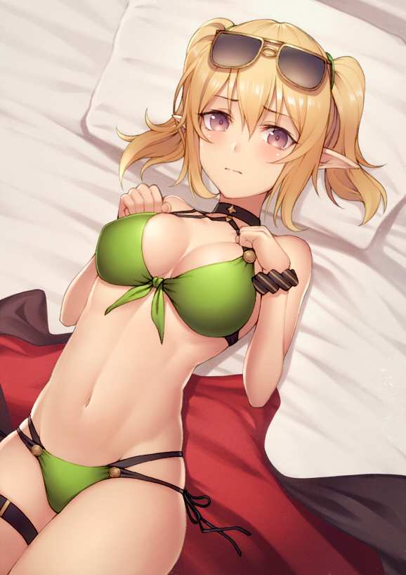 1girl bangs banned_artist bare_shoulders bikini black_choker blush breasts chloe_(princess_connect!) choker cleavage closed_mouth coat coat_removed elf eyewear_on_head green_bikini kyoeiki long_hair looking_at_viewer lying medium_breasts navel on_back open_clothes open_coat orange_hair pillow pointy_ears princess_connect! princess_connect!_re:dive purple_eyes sunglasses swimsuit