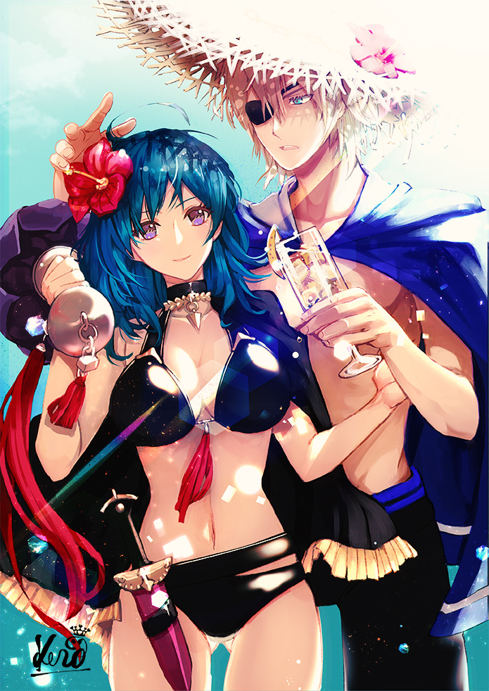 1boy 1girl bikini black_bikini blonde_hair blue_cape blue_eyes blue_hair breasts byleth_(fire_emblem) byleth_(fire_emblem)_(female) cape cleavage closed_mouth cup dimitri_alexandre_blaiddyd eyepatch fire_emblem fire_emblem:_three_houses fire_emblem_heroes flower glass hair_flower hair_ornament holding holding_cup kero_sweet large_breasts parted_lips smile swimsuit