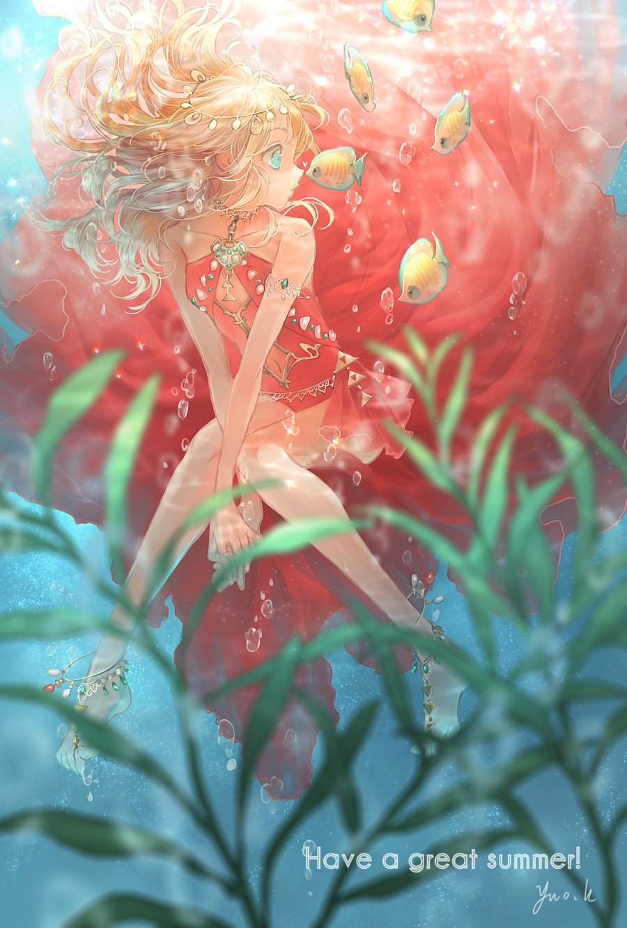 1girl anklet armlet barefoot blonde_hair blue_eyes circlet dress feet highres jewelry navel nemumi_no_sora noses_touching original shochuumimai sitting solo summer triangle triforce tropical_fish underwater