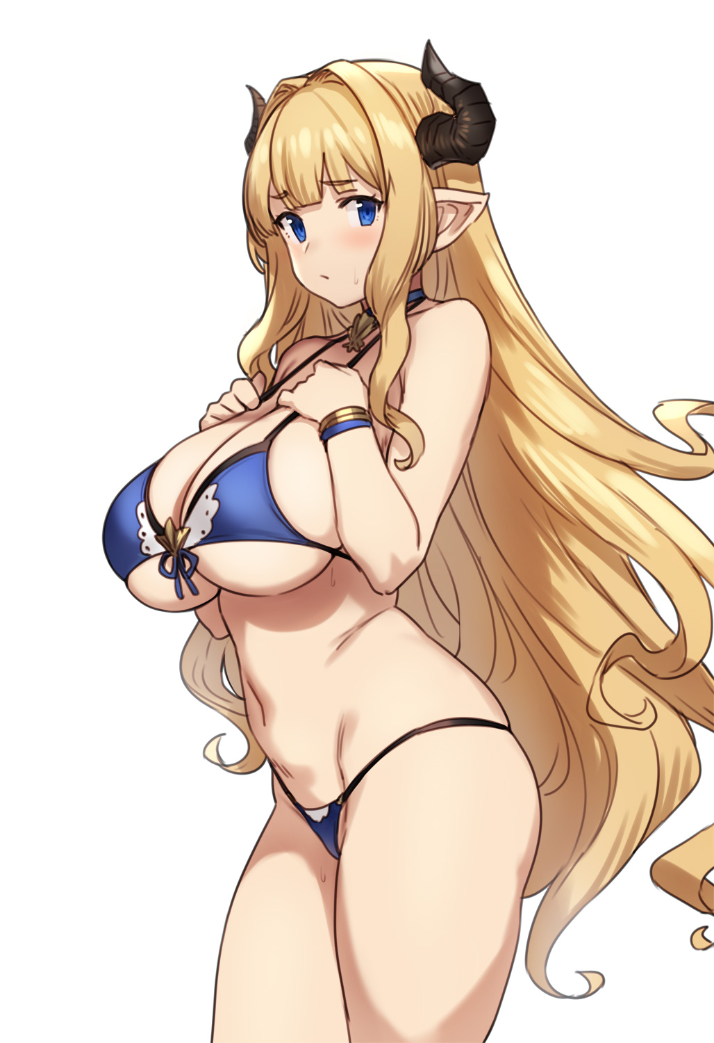 1girl bangs bare_shoulders bikini blonde_hair blue_eyes blunt_bangs breasts choker cleavage cowboy_shot draph eyebrows_visible_through_hair granblue_fantasy highres horns houtengeki large_breasts light_blush long_hair looking_at_viewer midriff navel pointy_ears rastina simple_background sleeveless solo stomach swimsuit very_long_hair white_background