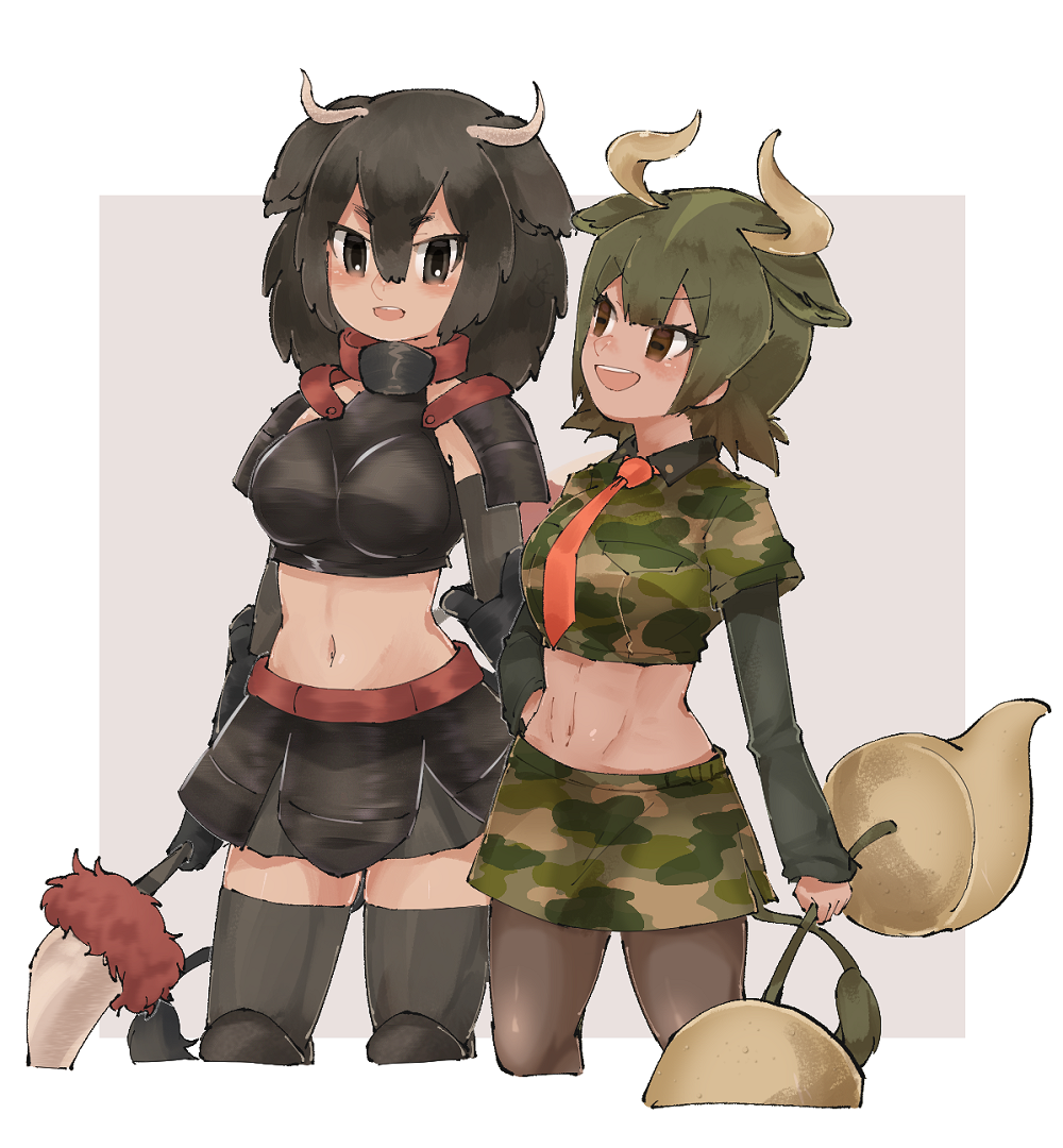 2girls american_bison_(kemono_friends) animal_ears arm_at_side armor armored_skirt arms_at_sides aurochs_(kemono_friends) big_hair black_eyes black_hair black_legwear breastplate brown_eyes brown_hair brown_legwear camouflage camouflage_shirt camouflage_skirt collared_shirt cow_ears cow_girl cow_horns cow_tail cropped_shirt elbow_gloves empty_eyes extra_ears eyebrows_visible_through_hair gauntlets gloves green_hair hair_between_eyes hand_on_hip height_difference holding holding_weapon horizontal_pupils horn_lance horns kemono_friends long_sleeves looking_at_another medium_hair midriff miniskirt multicolored_hair multiple_girls navel necktie open_mouth pantyhose polearm print_shirt print_skirt red_neckwear shirt short_over_long_sleeves short_sleeves shoulder_armor side-by-side skirt smile stomach tail tan tatsuno_newo thighhighs toned upper_teeth v-shaped_eyebrows weapon wing_collar zettai_ryouiki
