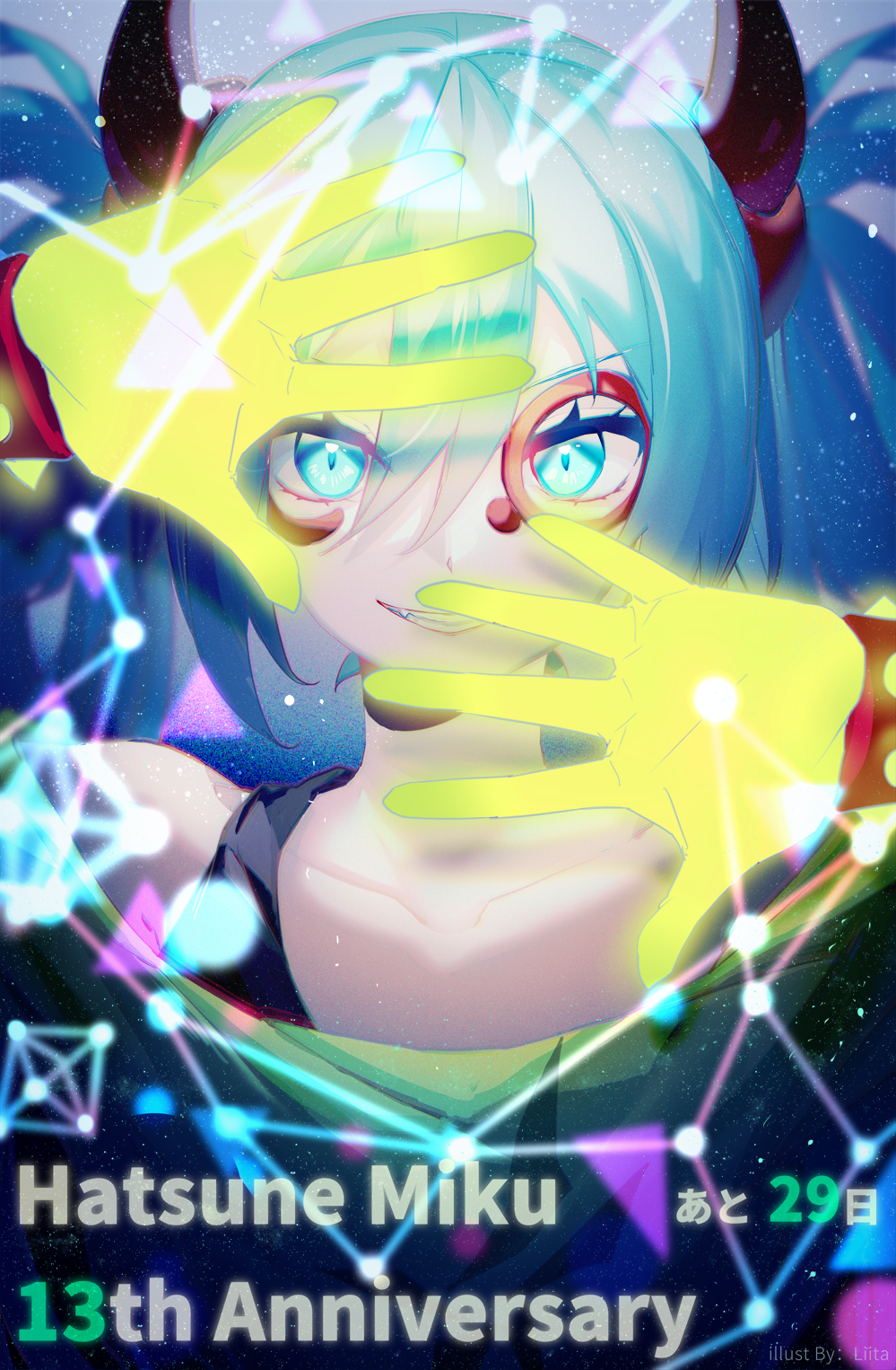 1girl aqua_eyes aqua_hair bracelet character_name collarbone commentary demon_horns dots facial_mark fang geometry gloves glowing_hands green_gloves green_shirt grin hands_up hatsune_miku highres horns jewelry lines long_hair looking_at_viewer project_diva_(series) satisfaction_(kz)_(vocaloid) shirt smile solo spiked_bracelet spikes twintails upper_body yamiluna39