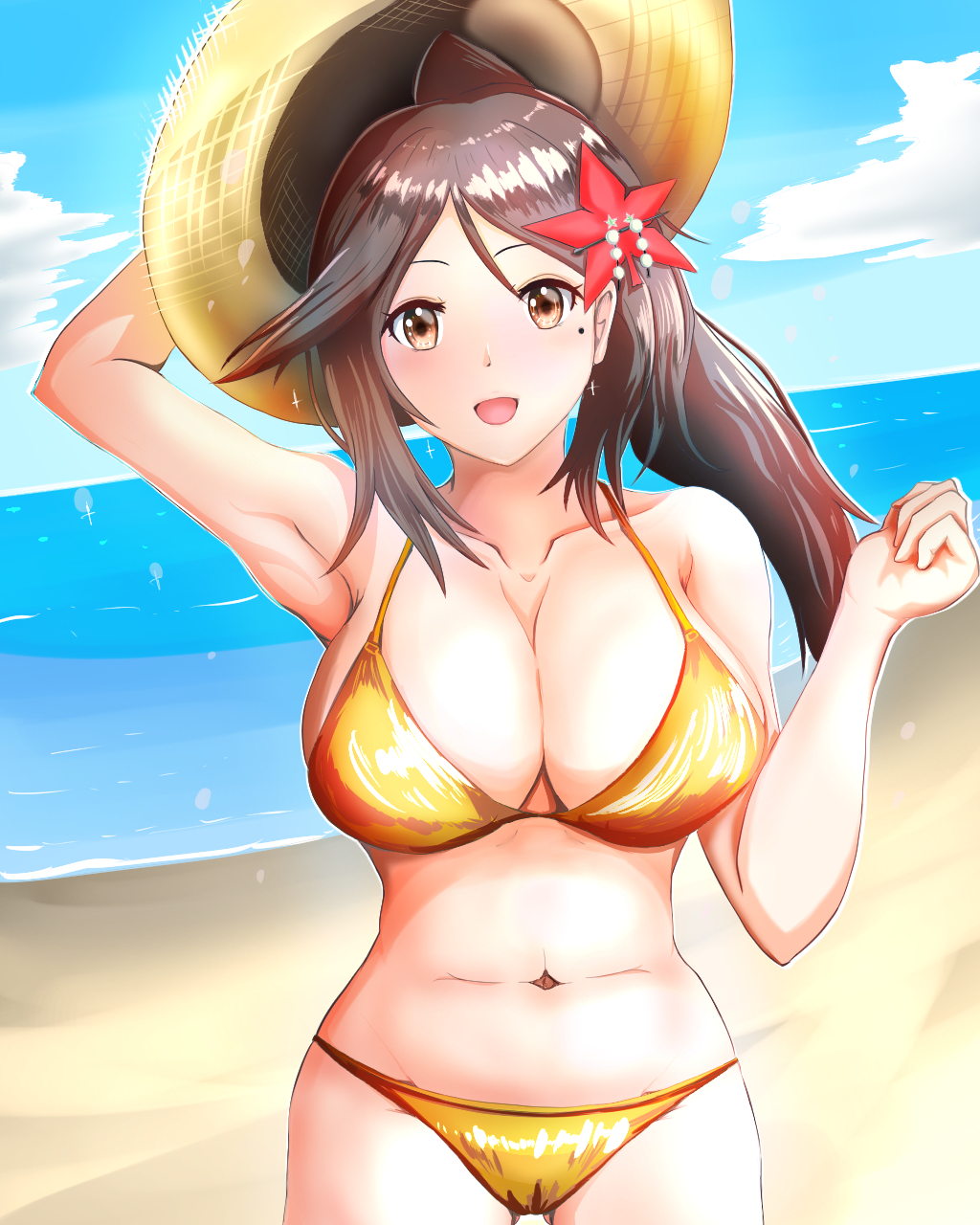 :d alternate_costume amagi_(kantai_collection) beach breasts brown_eyes brown_hair cleavage gold_bikini hair_ornament hat high_ponytail highres kantai_collection large_breasts leaf leaf_hair_ornament long_hair looking_at_viewer maple_leaf navel open_mouth smile straw_hat ushikura