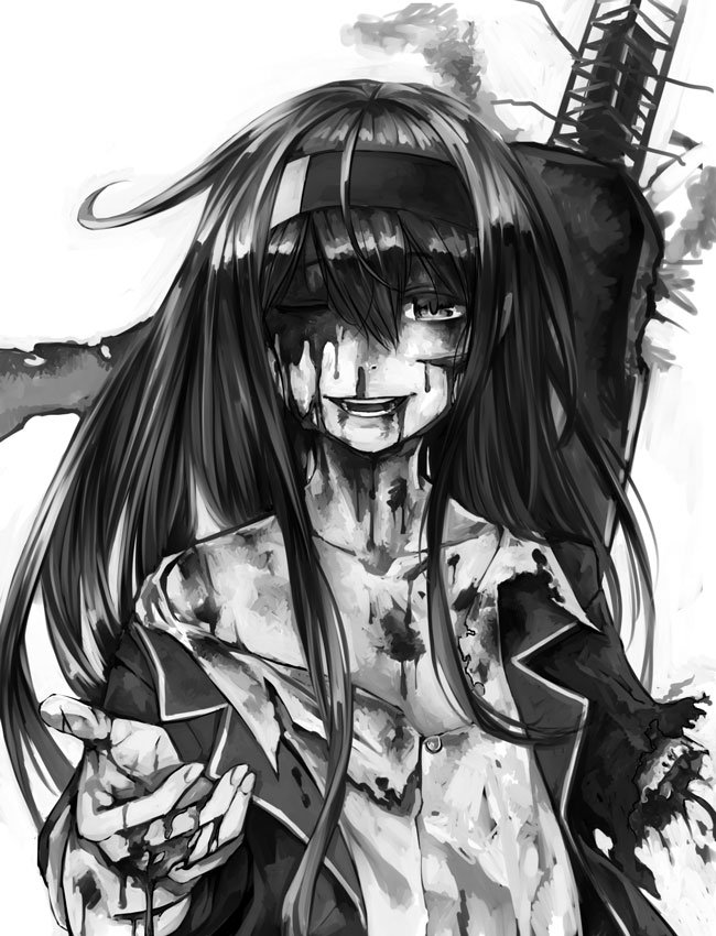 1girl amputee bangs blood blood_from_mouth blood_on_face bloody_clothes greyscale guro hair_between_eyes hatsushimo_(kantai_collection) headband injury jacket kantai_collection kurou_(bcrow) long_hair looking_at_viewer monochrome one_eye_closed open_mouth rigging severed_arm severed_limb shirt simple_background solo torn_clothes upper_body