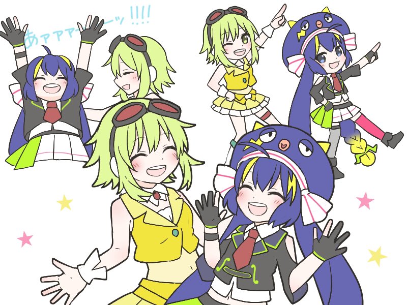 2girls arm_up black_gloves black_jacket black_legwear blue_hair boots closed_eyes commentary crop_top dancing eel_hat gloves green_eyes green_hair gumi index_finger_raised jacket knee_boots large_hat long_hair miniskirt mismatched_legwear multiple_girls multiple_views orange_shirt otomachi_una partly_fingerless_gloves pink_legwear pleated_skirt red_goggles shirt short_hair skc skirt thigh_strap thighhighs translated twintails very_long_hair vocaloid white_background yellow_skirt
