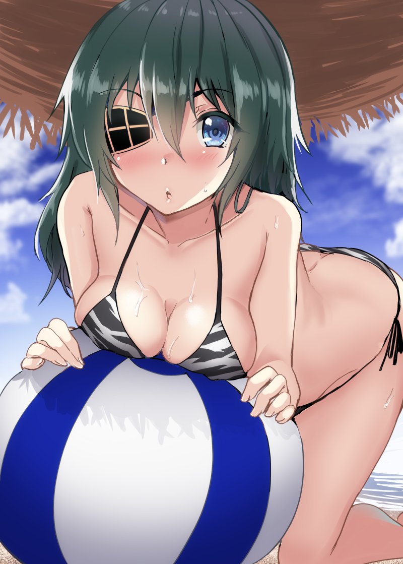 1girl all_fours animal_print ball beachball bikini blue_eyes blue_sky breasts cleavage cloud commentary_request eyepatch gin'ichi_(akacia) green_hair hat kantai_collection kiso_(kantai_collection) looking_at_viewer medium_breasts side-tie_bikini sky solo straw_hat sun_hat swimsuit tiger_print
