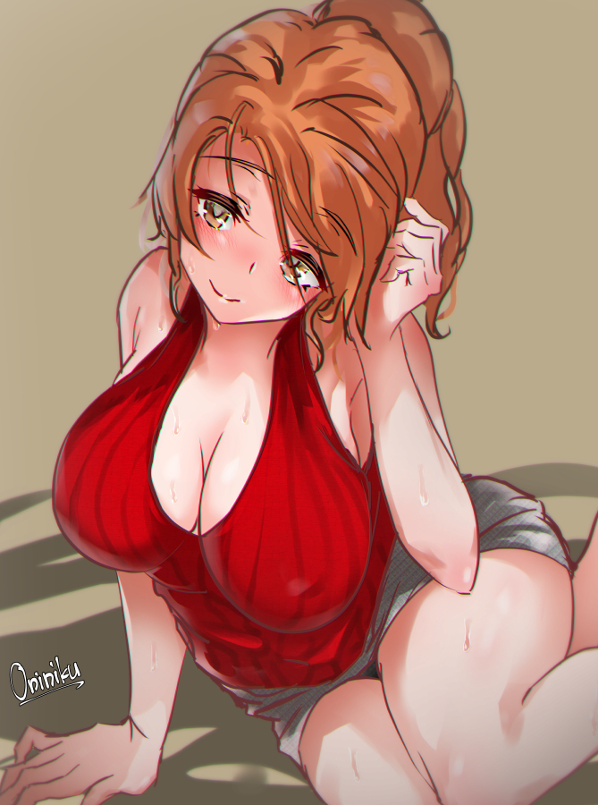 1girl alternate_costume aquila_(kantai_collection) artist_name breasts casual cleavage commentary_request cowboy_shot green_background grey_skirt hair_ornament hairclip high_ponytail kantai_collection large_breasts long_hair looking_at_viewer mani_oniniku orange_hair pencil_skirt red_sweater ribbed_sweater sitting skirt sleeveless_sweater smile solo sweater wavy_hair yellow_eyes yokozuwari