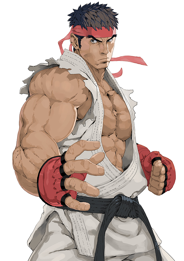 1boy abs bara bare_shoulders black_hair brown_hair chest dougi facial_hair fingerless_gloves gloves hadouken headband male_focus muscle nt_(gun-ash) pectorals ryuu_(street_fighter) short_hair shouryuuken solo street_fighter street_fighter_ii_(series) tatsumaki_senpuukyaku torn_clothes uppercut