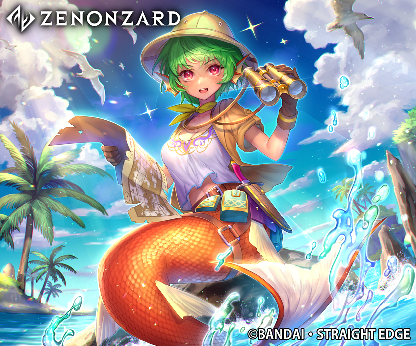 1girl bangs belt belt_buckle bird blue_sky breasts brown_belt brown_gloves buckle cleavage cloud commentary_request company_name copyright_name dagger day full_body gloves green_hair hashimoto_hato hat head_fins holding lens_flare looking_at_viewer medium_breasts mermaid monster_girl navel ocean official_art open_mouth outdoors palm_tree red_eyes seagull shirt short_hair sitting sky smile solo sparkle sun_hat teeth tree water weapon zenonzard
