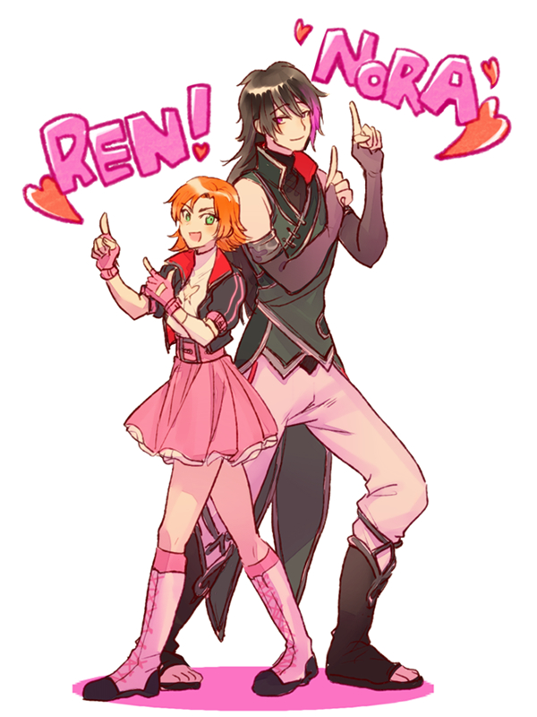 ! 1boy 1girl belt belt_buckle black_hair boots buckle character_name commentary_request eyebrows_visible_through_hair fingerless_gloves full_body gloves green_eyes heart knee_boots lie_ren long_hair looking_at_viewer nora_valkyrie open_mouth orange_hair pants pink_eyes pink_hair pointing rwby short_hair simple_background skirt sora_(efr) standing white_background