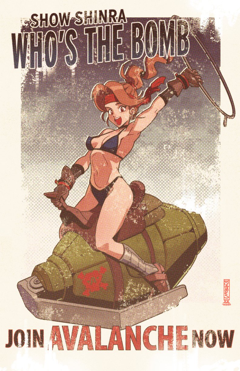 1girl arm_up armpits bikini blue_bikini breasts brown_gloves brown_hair cleavage collaboration dr._strangelove english_text explosive final_fantasy final_fantasy_vii gloves grenade grenade_pin headband highres jessie_rasberry looking_at_viewer matt_herms navel open_mouth ponytail propaganda red_headband riding ryan_jampole saddle shin_guards skull_and_crossbones solo stomach swimsuit