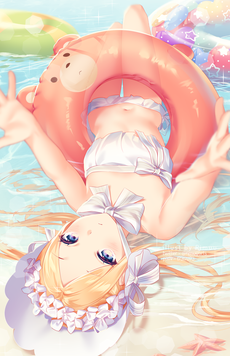1girl abigail_williams_(fate/grand_order) abigail_williams_(swimsuit) bandeau bangs bare_shoulders bikini blonde_hair blue_eyes blush bonnet bow breasts closed_mouth fate/grand_order fate_(series) forehead hair_bow highres innertube long_hair looking_at_viewer lying miniskirt navel on_back outstretched_arms parted_bangs rimuu sidelocks skirt small_breasts starfish strapless strapless_bikini swimsuit thighs tubetop twintails very_long_hair water wet white_bikini white_bow white_headwear