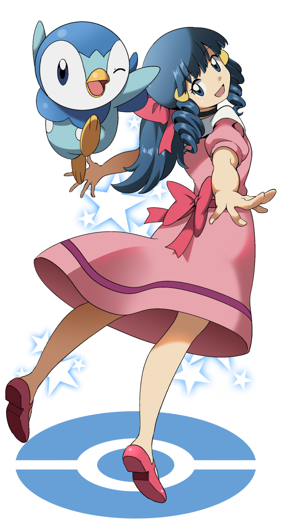 blue_eyes blue_hair bow dress drill_hair gen_4_pokemon hikari_(pokemon) long_hair looking_back pink_dress pink_footwear piplup poke_ball_symbol pokemon ponytail simple_background star_(symbol) suitenan