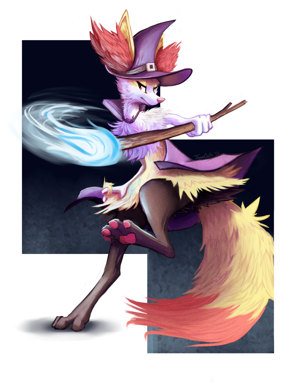 2013 ambiguous_gender anthro braixen canid canine cheek_tuft clothing facial_tuft fingers frozenquills fur hat headgear headwear hi_res holding_object magic mammal multicolored_body multicolored_fur nintendo orange_body orange_fur pawpads pok&eacute;mon pok&eacute;mon_(species) solo standing stick toes tuft video_games white_body white_fur witch_hat yellow_body yellow_fur