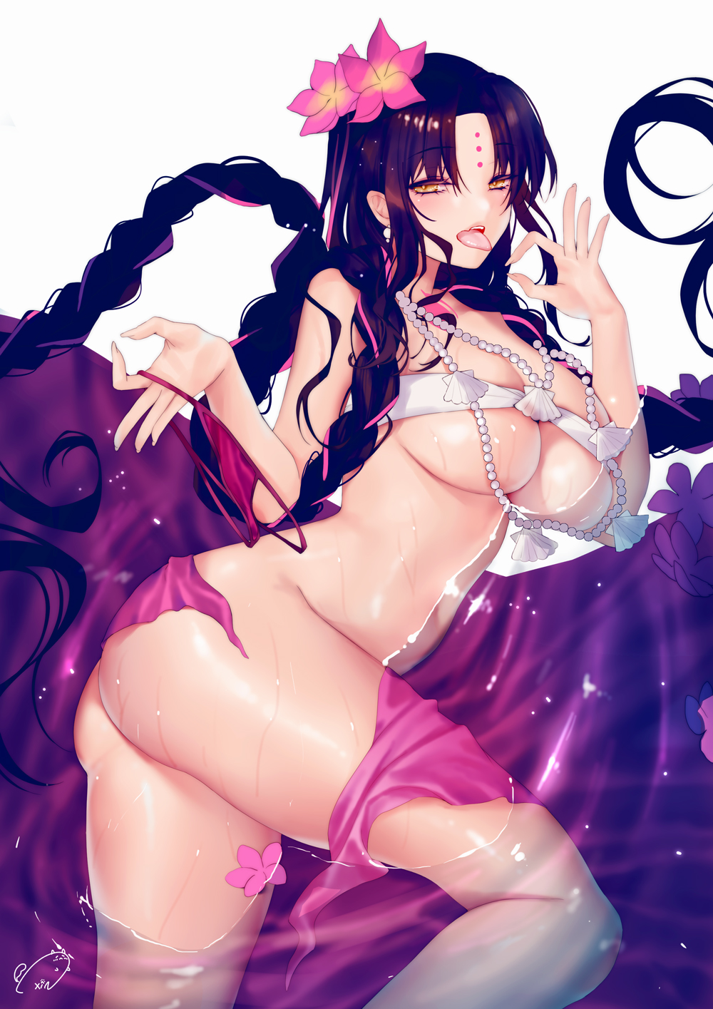 1girl ass bangs bare_shoulders bikini bikini_bottom_removed bikini_top black_hair blush bottomless braid breasts collarbone earrings eyebrows_visible_through_hair fate/grand_order fate_(series) fellatio_gesture flower forehead from_above hair_flower hair_ornament half-closed_eyes highres jewelry large_breasts long_hair looking_at_viewer lying multicolored_hair naughty_face navel obiwan on_side open_mouth parted_bangs partially_submerged pink_flower pink_hair sarong sarong_removed seashell sesshouin_kiara sesshouin_kiara_(swimsuit_mooncancer)_(fate) shell solo strapless strapless_bikini swimsuit thighs tongue tongue_out twin_braids two-tone_hair underboob very_long_hair water white_bikini