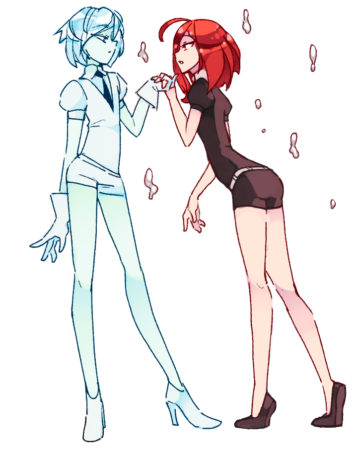 2others ahoge androgynous antarcticite colored_eyelashes gem_uniform_(houseki_no_kuni) gloves hair_between_eyes houseki_no_kuni long_bangs mercury_(element) multiple_others necktie red_eyes red_hair rtil shinsha_(houseki_no_kuni) shirt short_hair shorts white_hair